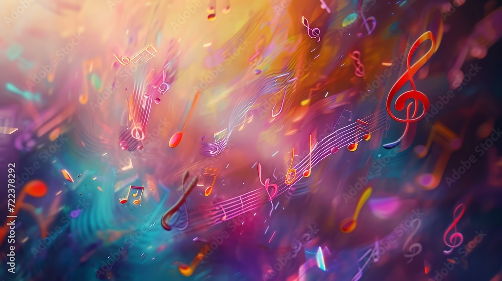 Colorful musical notes flying in the air. Music concept. Intertwined musical notes suspended in the air. Each note, illuminated by soft, gradient hues, represents a line in the stanza. - obrazy, fototapety, plakaty 