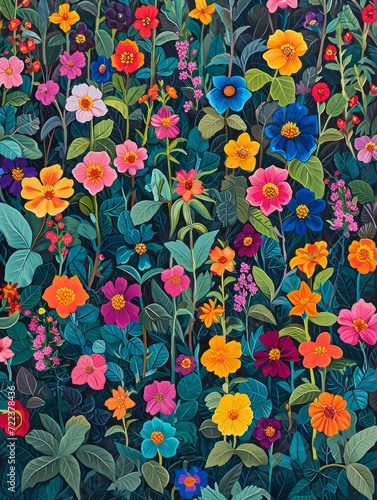 Seamless floral pattern with colorful garden flowers. Vector illustration. A visually stunning image of a lush botanical garden, with orderly rows of vibrant flowers creating a natural grid.  © Oskar Reschke