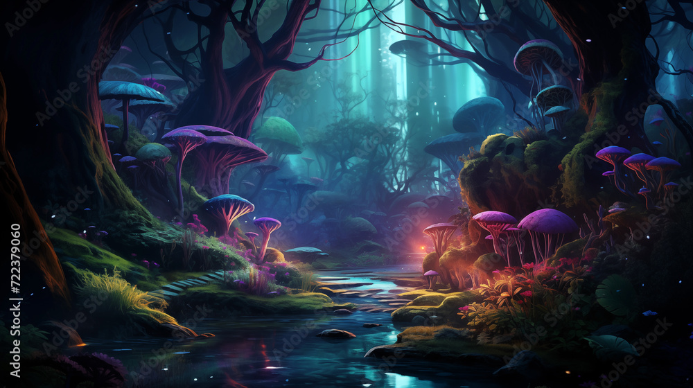 Beautiful magical forest with glowing lights and mushrooms