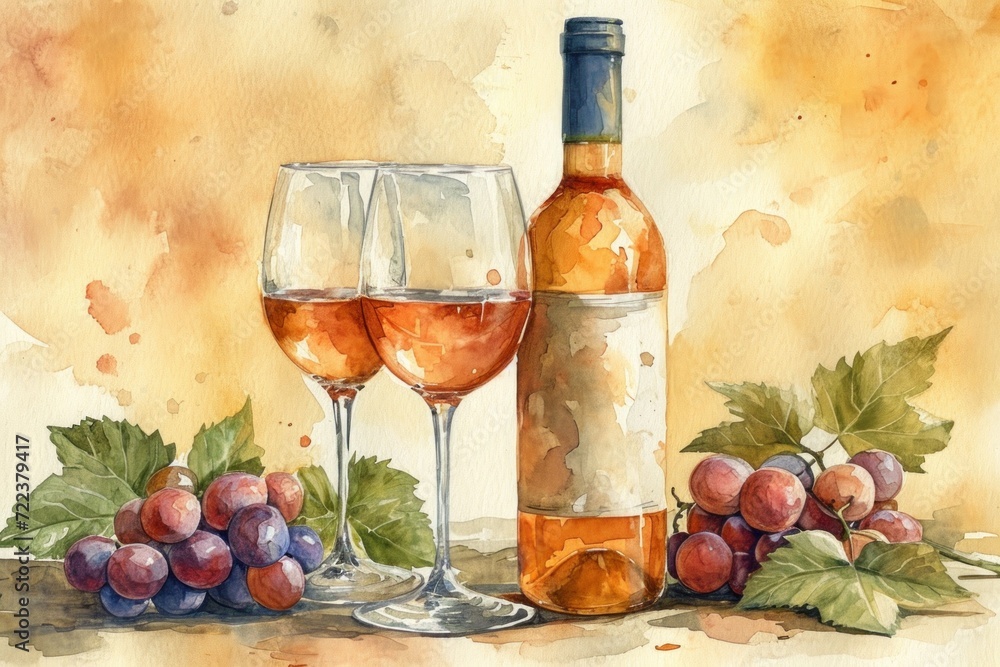Watercolor still life with wine and grapes