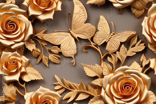 gold forged rose with butterflies, 3D patern texture