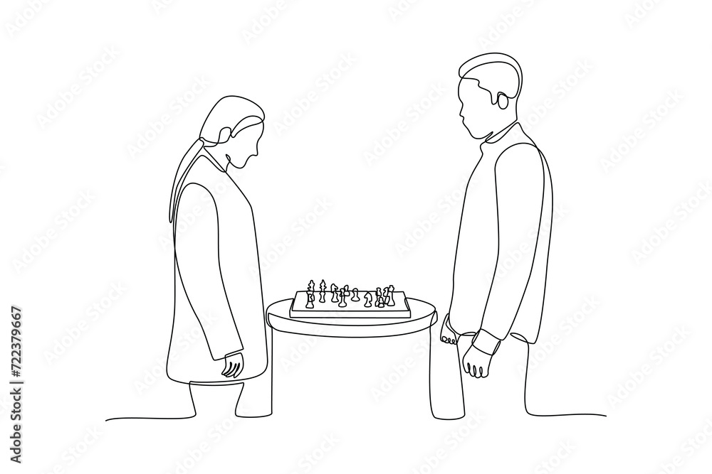 Two chess players before starting the race. Strategic planning, business development strategy, tactics in entrepreneurship. Continuous line draw design vector Two chess players before starting the race. Strategic planning, business development strategy, tactics in entrepreneurship. Continuous line draw design vector