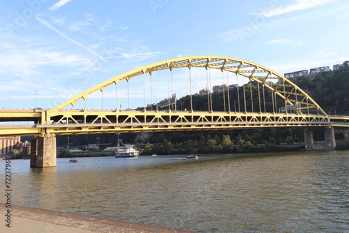Andy Warhol Bridge and other famous yellow bridges in downtown Pittsburgh, Pennsylvania.  Over Point State Park. Panoramic view of downtown. © Jessica Brouillette