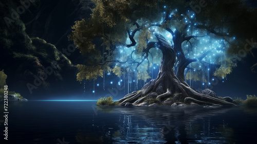 Magic fairy willow tree with glowing lights in mystic forest