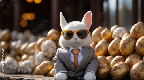 Cool Easter bunny in a business suit with Easter eggs