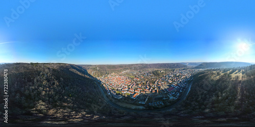 Aerial 360-degree panoramic view of the medieval town - Blaubeuren, in the Swabian Alb region of southern Germany. photo