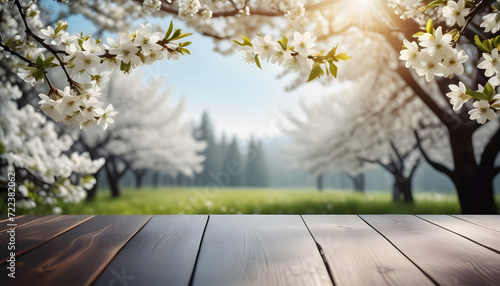 WHITE BLOSSOMS AND WOODEN TABLE FLOORING SUMMER BACKGROUND