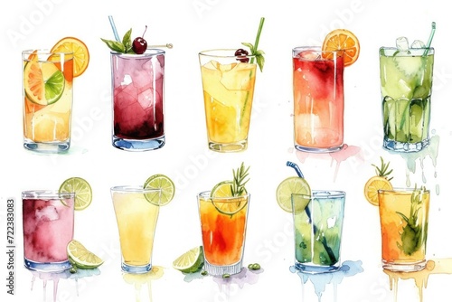 Watercolor cocktails with fruits and berries