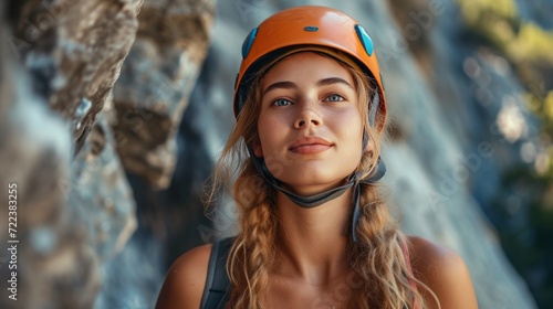 A beautiful girl with a rock climber is climbing the mountain