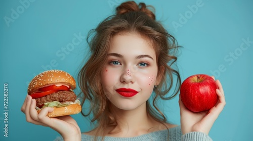 A beautiful girl doubts what she should eat. In one hand she has a Burger in ...