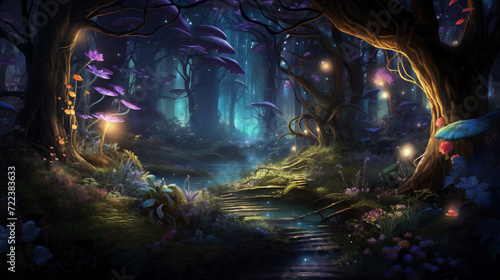 Beautiful magical forest with glowing lights and mushrooms © Philippova