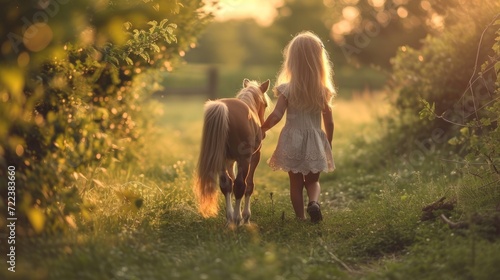 A little girl walks through a green beautiful garden with a little pony