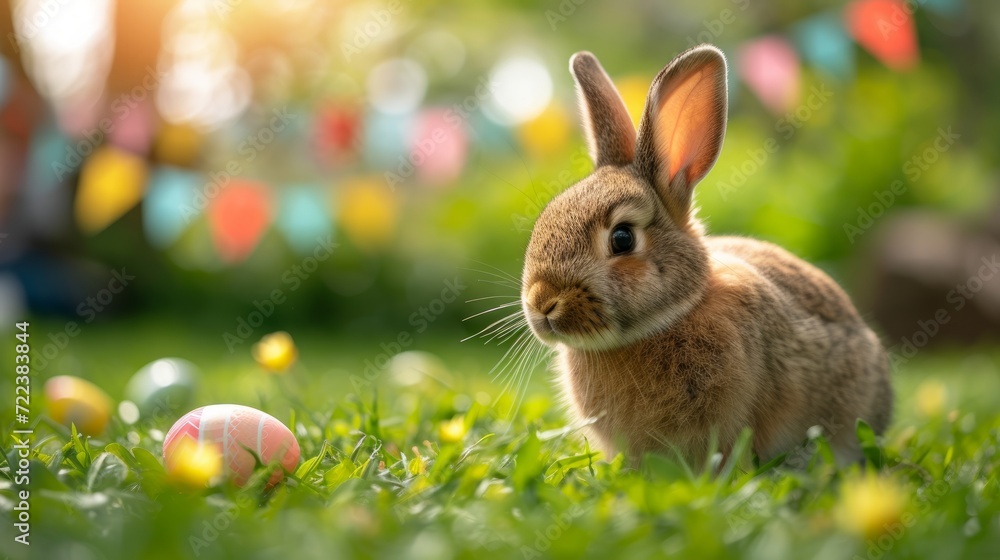 A beautiful fluffy Easter bunny hides colorful eggs in the green grass and looks at the camera A beautiful fluffy Easter bunny hides colorful eggs in the green grass and looks at the camera