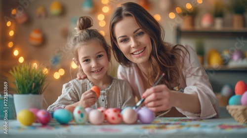A beautiful 10-year-old girl paints Easter eggs with her mother