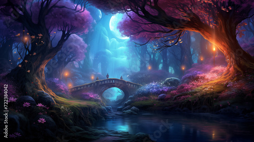 Beautiful magical forest with glowing lights and mushrooms © Philippova