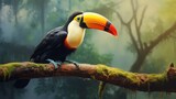 Toucan bird portrait on a branch, Space for text