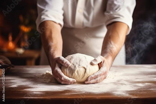 Beautiful and strong men's hands baker chef knead the dough on the wooden table make for bread, pasta or pizza. Lifestyle concept suitable for meals and breakfast. Close-up.