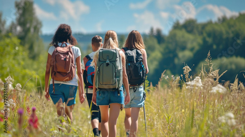 Rear view of group of people with backpacks walking along the path in the forest during their hiking