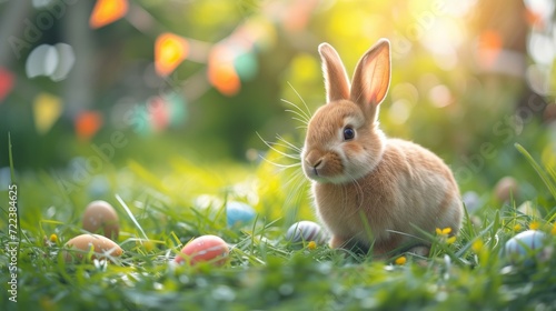 A beautiful fluffy Easter bunny hides colorful eggs in the green grass and lo...