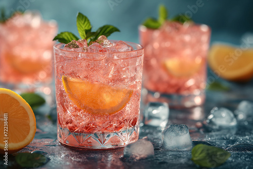 Glasses of cocktail Pink Flamingo with ice cubes and lemon slice.