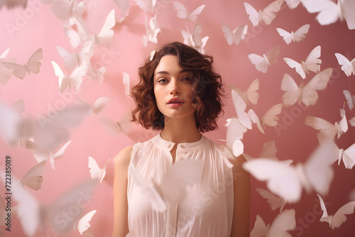 Brown curly-haired woman on a pink background with butterflies