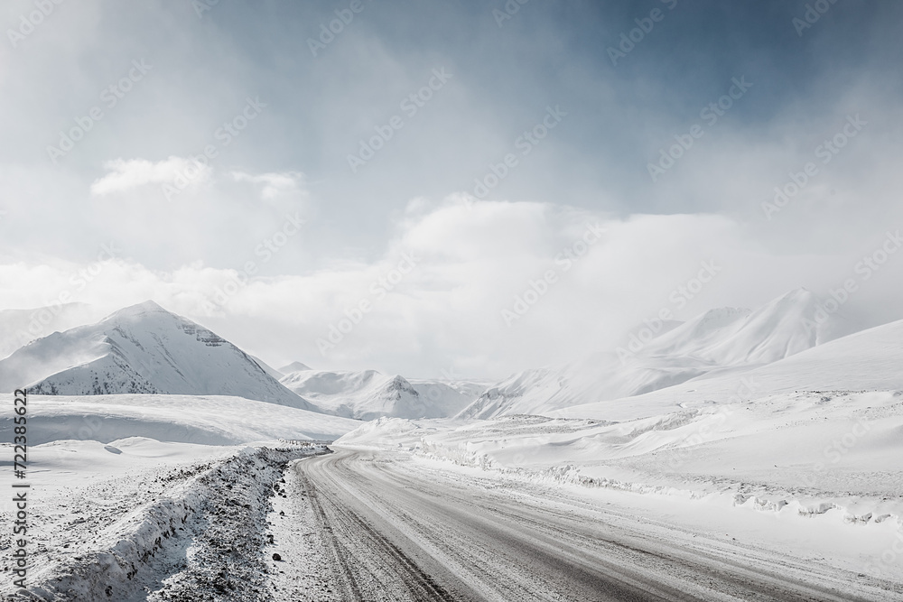 snow winter mountain road. blizzard.
