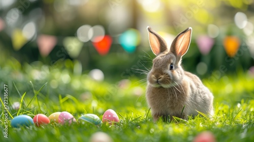 A beautiful fluffy Easter bunny hides colorful eggs in the green grass and lo...