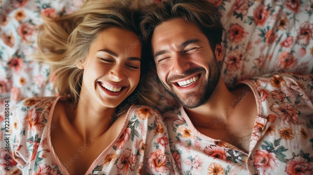 A happy couple in matching pajamas laughs while lying in bed A happy couple in matching pajamas laughs while lying in bed