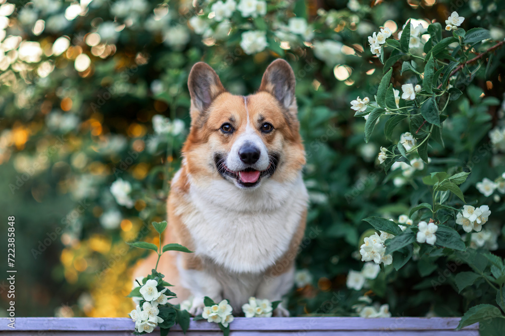 cute corgi dog puppy sits among the branches of blooming jasmine in the summer sunny garden cute corgi dog puppy sits among the branches of blooming jasmine in the summer sunny garden