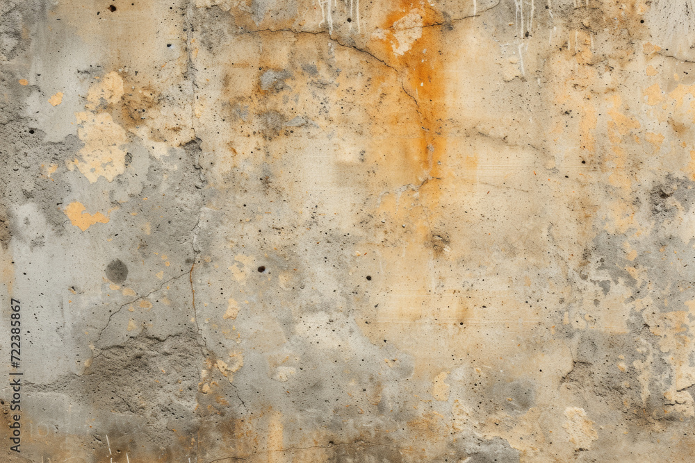 Fototapeta premium A close-up of a grey concrete wall with natural patterns, stains, and small cracks, showcasing a rugged texture.