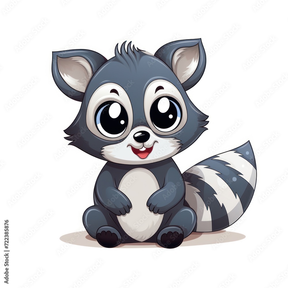 A cartoon illustration of a baby raccoon with big eyes and a cute smile.