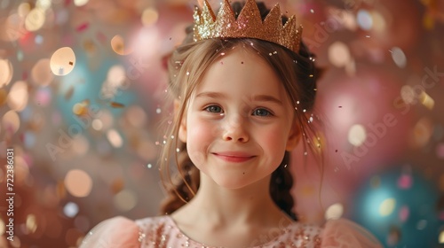 A beautiful 10-year-old girl in a pink dress and a gold crown on her head looks at the camera, smiling