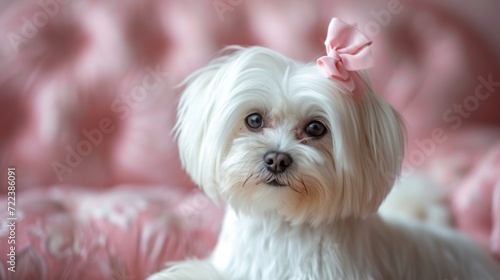 A beautifully groomed white Maltese dog with a pink bow on her head looks at the camera