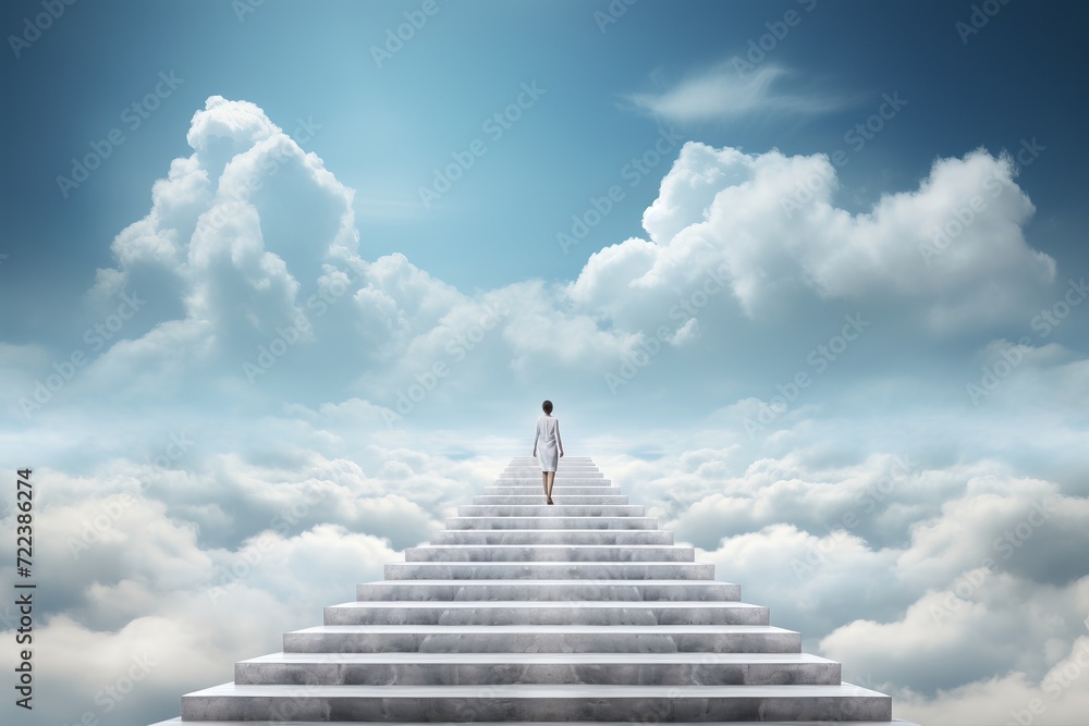 Path to success  ascending staircase reaching for the limitless expanse of the blue sky and beyond