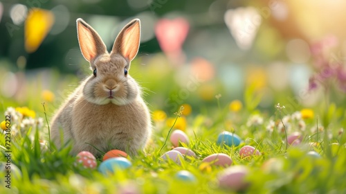 A beautiful fluffy Easter bunny hides colorful eggs in the green grass and lo...