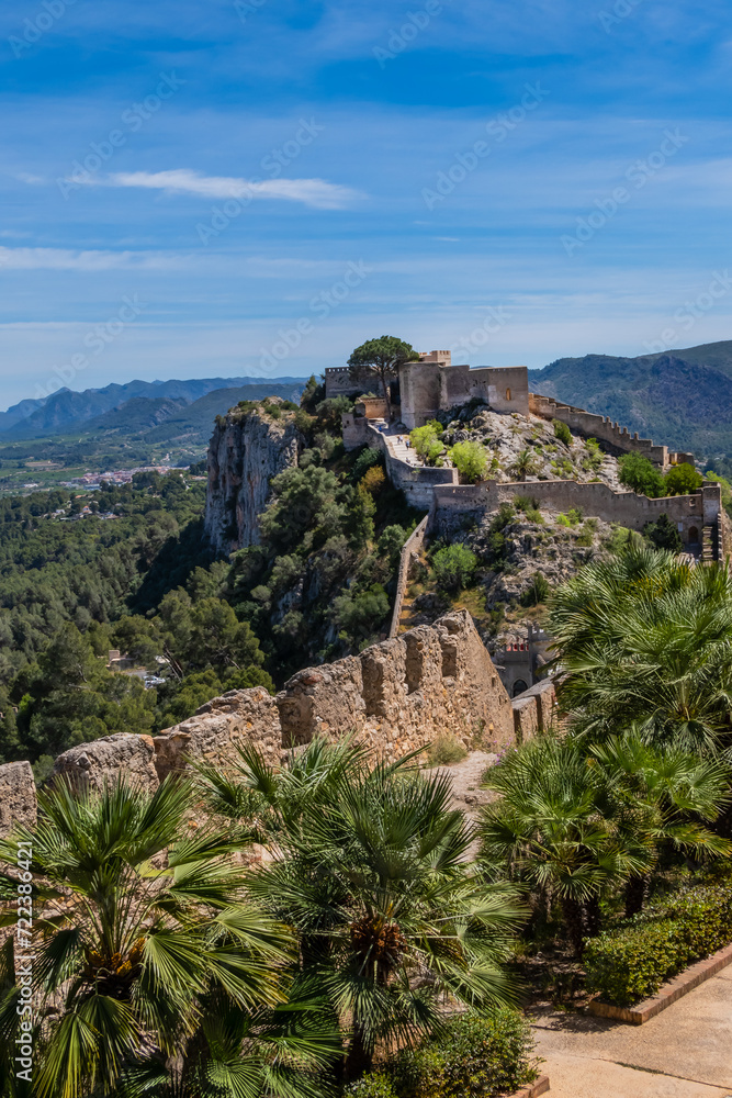 Xativa Castle or Castillo de Xativa - ancient fortification on the ancient roadway Via Augusta in Spain. Medieval ruins of the walls of Xativa castle. Xativa, Spain, Europe.