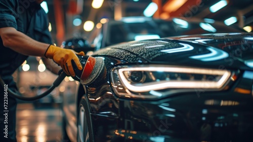 Car detailing hands with orbital polisher in car repair shop photo