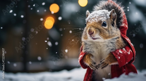 a squirrel dressed as Santa Claus during Christmas in the snow