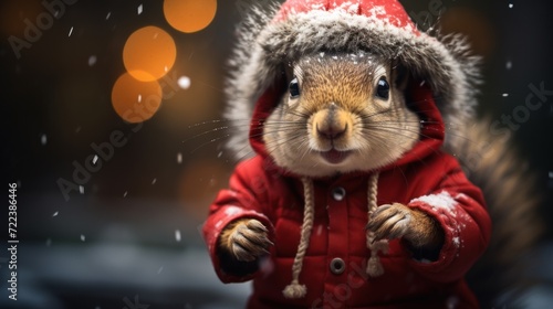 a squirrel dressed as Santa Claus during Christmas in the snow © Yuliia