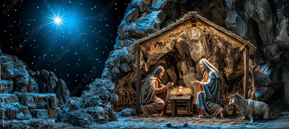 Obraz premium Shining epiphany star in night sky, baby jesus adoration, blurred background with copy space
