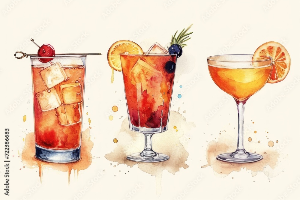 Watercolor cocktails with fruits and berries