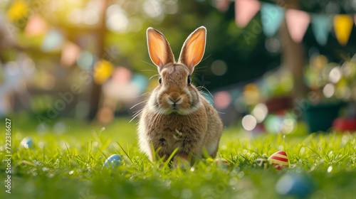 A beautiful fluffy Easter bunny hides colorful eggs in the green grass and lo...