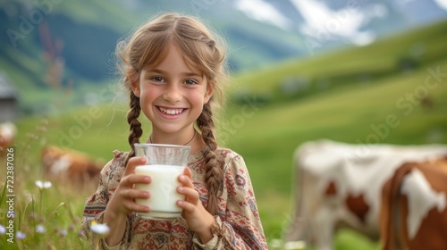 A beautiful girl with a glass of milk in her hand looks smiling at the camera