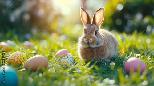 A beautiful fluffy Easter bunny hides colorful eggs in the green grass and lo...