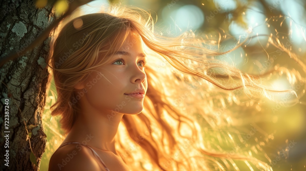 A beautiful young girl is blown away by the wind. She is holding on to a tree A beautiful young girl is blown away by the wind. She is holding on to a tree