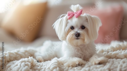 A beautifully groomed white Maltese dog with a pink bow on her head looks at the camera photo