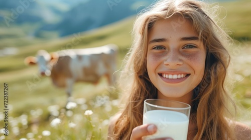 A beautiful girl with a glass of milk in her hand looks smiling at the camera