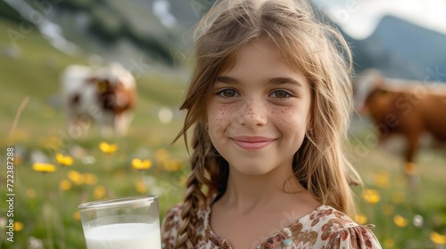 A beautiful girl with a glass of milk in her hand looks smiling at the camera