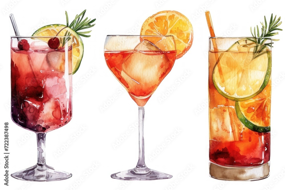 Watercolor cocktails with fruits and berries Watercolor cocktails with fruits and berries