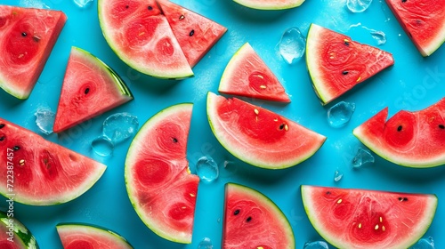 Macro close up of fresh watermelon wedges, top view showcasing juicy summer fruit slices